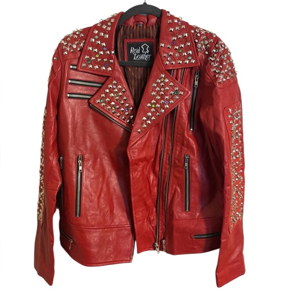 Real Leather Red Studded Leather Outer Jacket Large